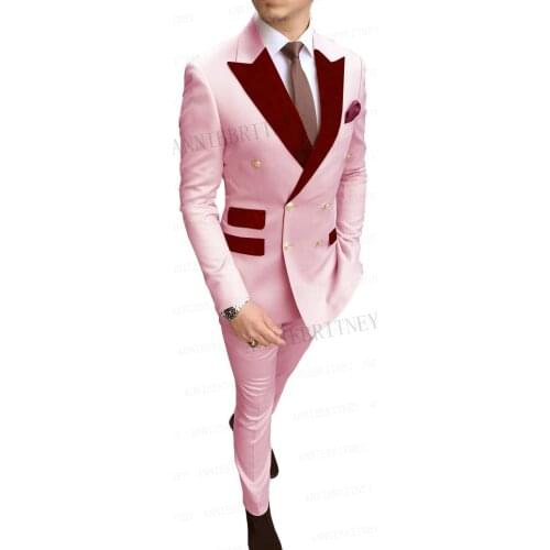 Gold Buttons Men Pink Suit for Wedding, Tailored Groom Best Man Tuxedo Velvet Lapel Business Wear Double Breasted Jacket Pants