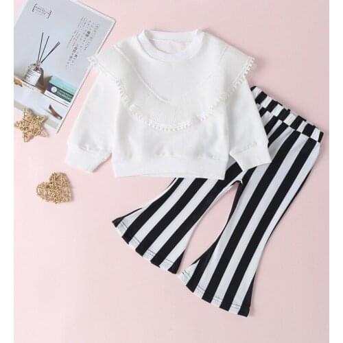 Lovely Children Set 9M-5T Baby Girl Clothes Spring Long Sleeve Solid Color Top Striped Boot Cut Pant Two Pieces Sets
