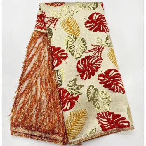 Latest African Brocade Lace Fabric 2021 High Quality Nigerian Lace Fabrics Jacquard Fabric With Feather For Wedding Dress