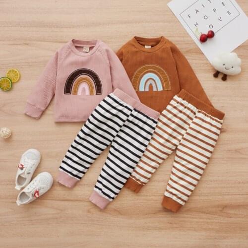 Citgeett Autumn Infant Baby Girls Casual Outfits Rainbow Pattern Long Sleeve Pullover + Striped Trousers Spring Set