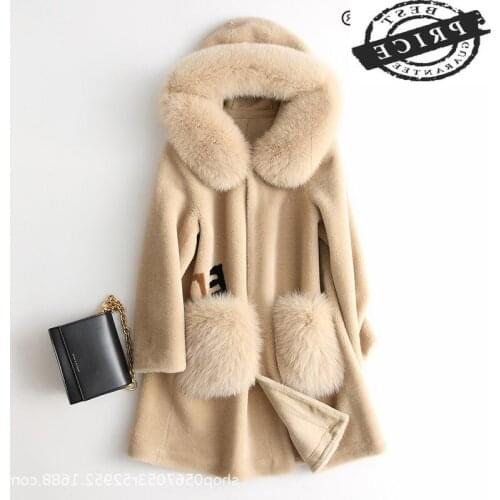Coat Real Fur Female Women Winter Jackst with Large Fox Fur Collar Hood Korean Casual Ladies Long Wool Warm Coats a6aa02