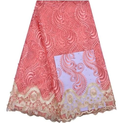 Peach+Gold Fashion Design Beautiful African Net lace Fabric , 2018 Most popular French Lace Fabric For wedding Dress A1218