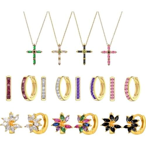 Aide 925 Sterling Silver Colored Zircon Cross Pendant Necklace Rainbow Crystal Huggie Flower Hoop Earrings Circle Pendiente Clip
