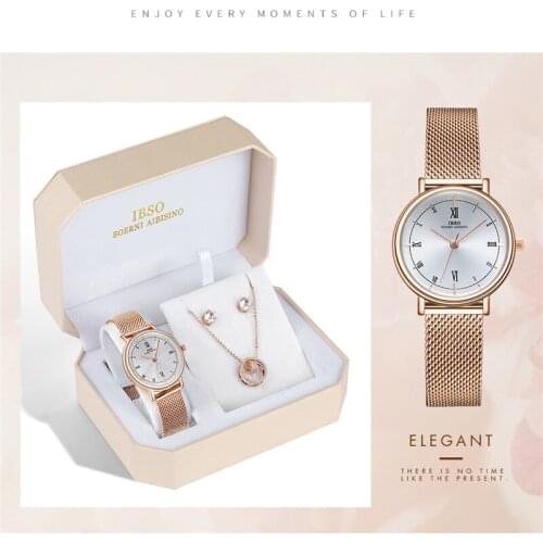 Luxury Brand Women Quartz Wrist Watches Set Lady Crystal Earring Necklace Watch Female Rose Gol Watch Bracelet Set Reloj Mujer