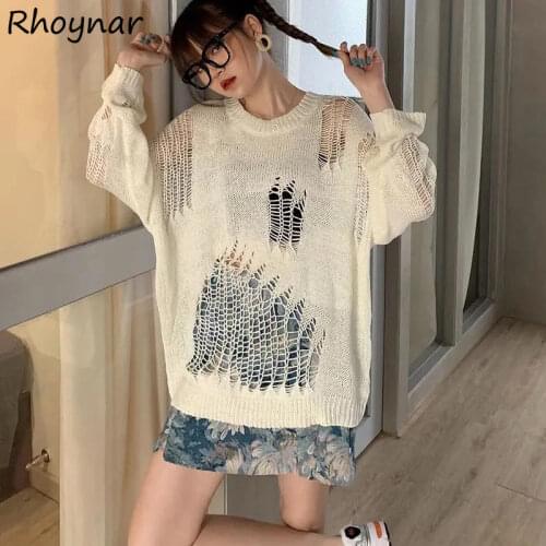 Sweater Pullovers Womens Summer Solid All-match Simple Streetwear Hollow Out Fashion Casual Ladies Vintage Fit Ulzzang Clothing