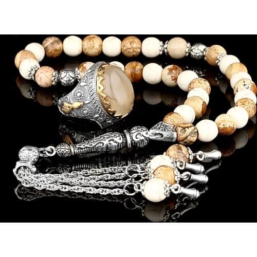 Tasbih and 925 Sterling Silver Mens Ring Jewelry Sets with Natural Stones