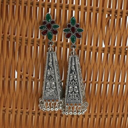 Vintage Oxidized Silver Color Alloy Earrings For Women Bohemain Afghan Jewelry Geometric Flower Drop Earrings Indian Turk Gift