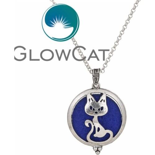 V1259 Silver kitty Necklace Open Lockets Pendant Perfume Oil Locket to send Chain length 50cm+1pc pad