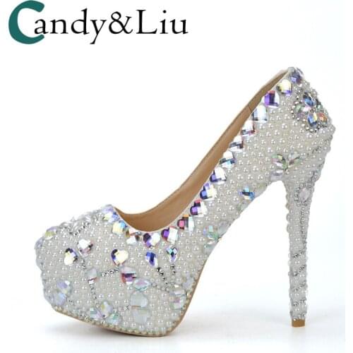 Crystal Wedding Shoes White Pearl Colorful Crystal Rhinestone Women Pumps with Platform for Party Banquet Evening Dress Handmade