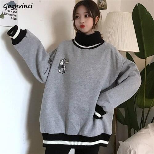 Women No Hat Hoodies Thick Sweatshirts Turtleneck Pullover Loose Casual Cartoon Embroidery Korean Style Ulzzang Fashion Simple