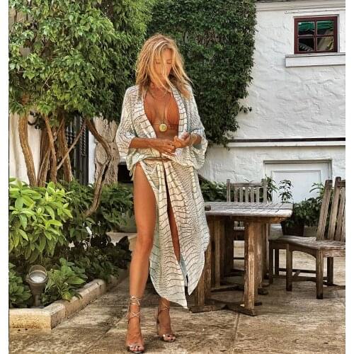 Womens Long Swimsuit Cover Up Open Front High Split Flowy Chiffon Kimono Beach Cardigan Sexy Printed Beach Blouse 2021
