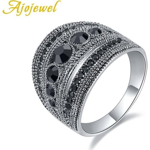 Ajojewel Best Selling Fashion Jewelry Black CZ Geometric Vintage Retro Finger Ring Women High Quality Wide Design Party Jewelry