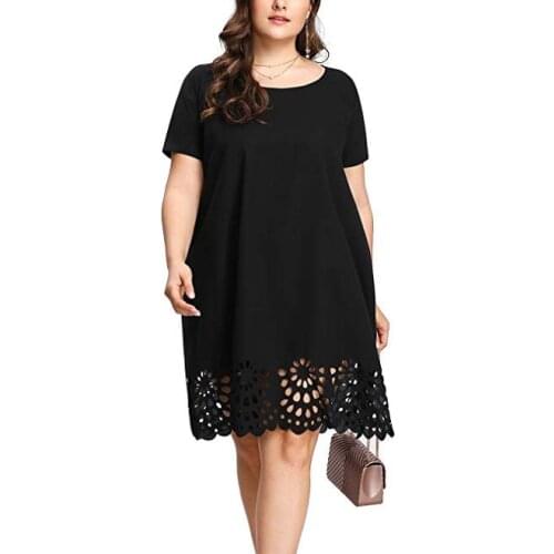 Xl-5xl Plus Size Fashion Women Elegant Dresses Loose Solid Short Sleeve O-neck Hollow Out Casual Dress Vestido Mujer
