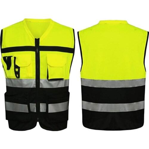 Hot AD-7 Pockets Class 2 High Visibility Zipper Front Safet Yellow Vest With Reflective Strips