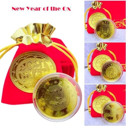2021 Year of The Ox Zodiac Gold Coin with New Year Red Cloth Bag Commemorative Coin Feng Shui Decorations Supplies SCVD889