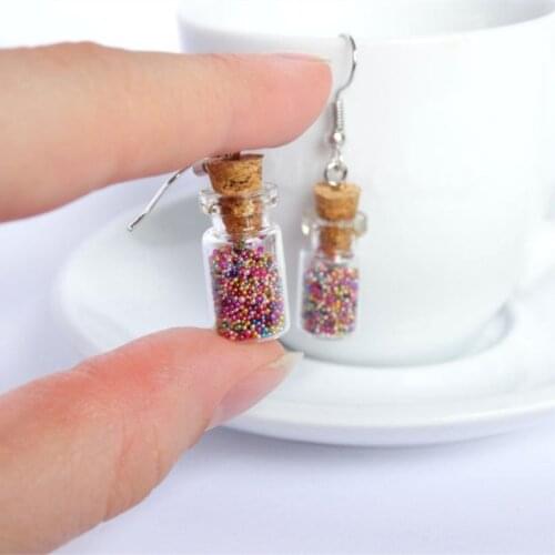 2019 Miniature cute rainbow sprinkles candy jar glass bottle dangle earrings charms kawaii sweet silly food jewelry