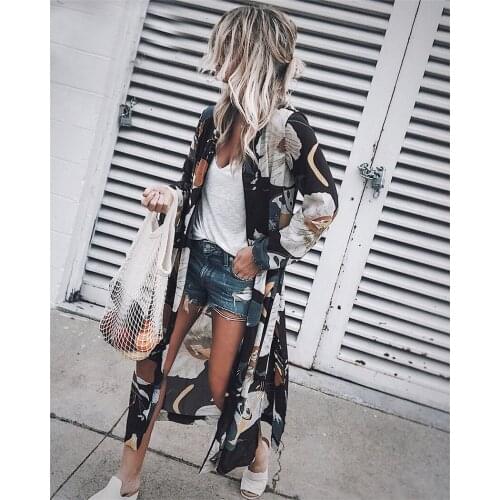 2021 Summer Chiffon Swimwears Cover-up Tops Women Long Kimono Cardigan Floral Printed Long Sleeve Beach Boho Ladies Shirt Blusas