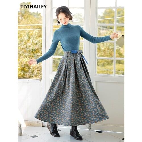 Free Shipping 2021 New Vintage High Waist Long Maxi A-line Women Winter Skirts With Big Hem Belt Prairie Chic S-L Print Flower