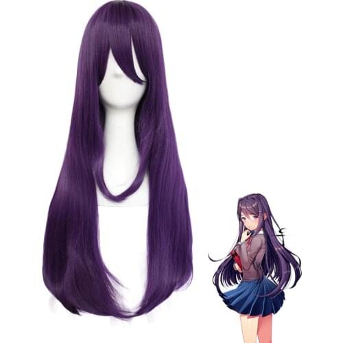 DDLC Doki Doki Literature Club Yuri Women Purple Long Wig Cosplay Costume Heat Resistant Synthetic Hair Party Role Play Wigs