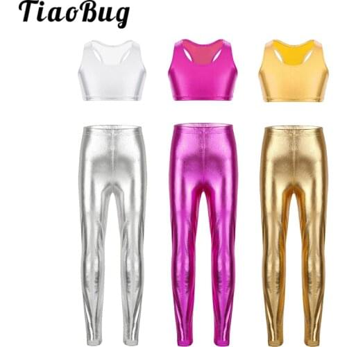 Kid Girls Tracksuit Shiny Metallic Crop Top with Skinny Pants Streetwear Pants for Girl Ballet Jazz Stage Dance Costumes Clothes