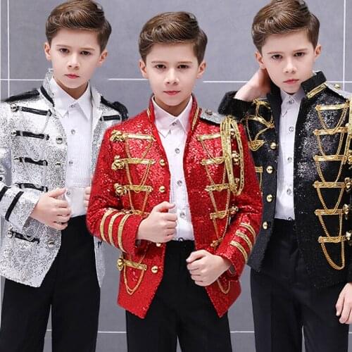 Hip Hop Costumes Boys Sequined Fringed Coat Military Dress Court Prince Clothes Kids Outfit Children Jazz Stage Show Wear DN4046