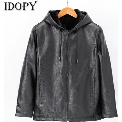 Idopy Leather Men Fashion Leather Casual Jackets Fleece Lined Thermal Outerwear With Hoods PU Coat