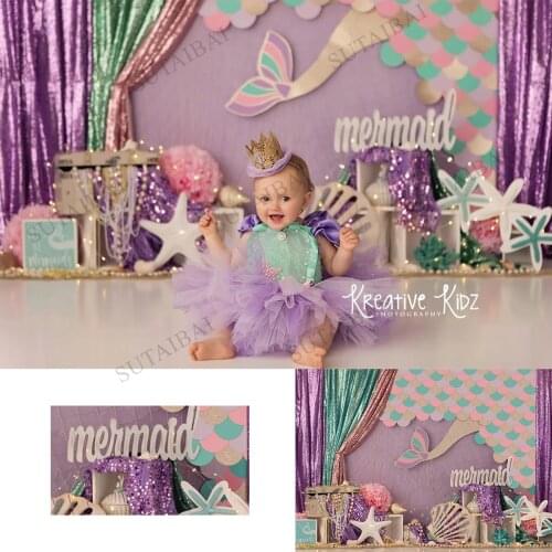 Littlte Mermaid Cake Smash Photography Backdrop Kids Baby Birthday Party Artistic Background for Children Backdrops Photostudio