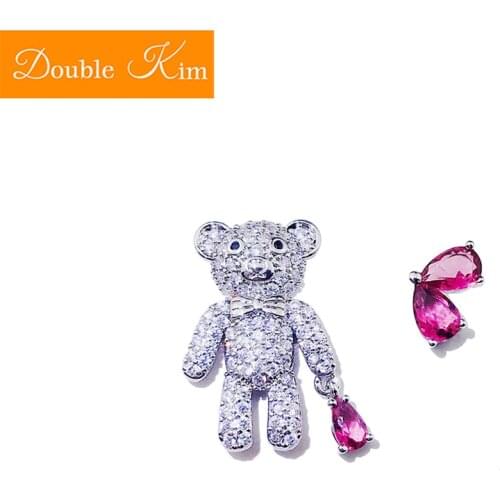 Small Bear Love Heart Stud Earrings Titanium Stainless Steel Inlaid Zircon Earrings Silver Color Fashion Trendy Women Jewelry