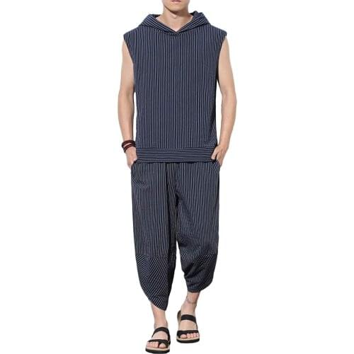 Shanghai Story Sleeveless Hooded Stripe T-Shirt&Pants Men Breathable Cotton Linen Sportswear Harajuku Japanese Style Set