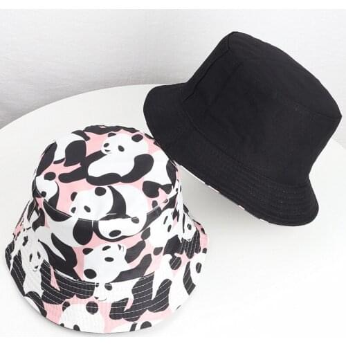Double-sided panda pattern bucket hat 2021 shallow top fedora hat summer new lady hat travel hat lady summer hat