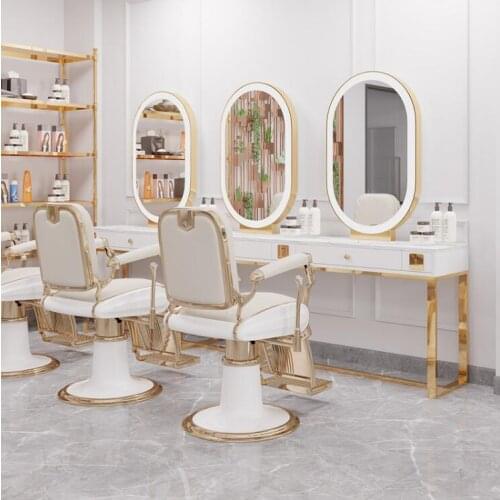 Barber shop mirror photo studio hair salon hot dyeing table marble beauty salon double-sided mirror with light