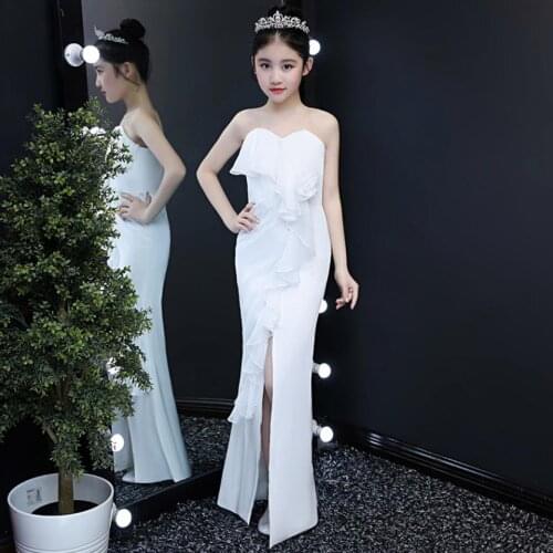 Elegant Girls Shoulderless Princess Evening Gowns Kids Catwalk Birthday Party Sleeveless Ruffler Mermaid Dresses For Girl A465