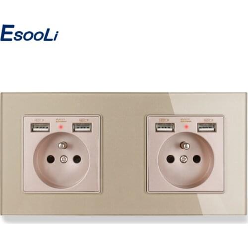 Esooli 2 Gang Crystal Glass Panel Wall Socket with 4 USB Outlet French Standard Electrical Wall Charger Adapter 172*86mm
