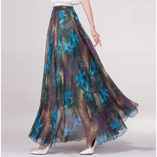 2021 summer chiffon vintage floral print Floor Length bohemia maxi skirt Holiday beach skirt