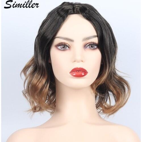 Similler Short Wavy Bob Wig Ombre Synthetic Hair For Women Black T Brown Highlight Cosplay Wigs for Daily
