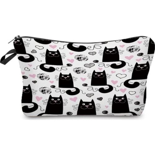 Hot Sale Fashion Black Cartoon Cat Printed Female Cosmetic Bag Cute Small Girl Makeup Bag Mini Child Storage Bag Girl Women Gift