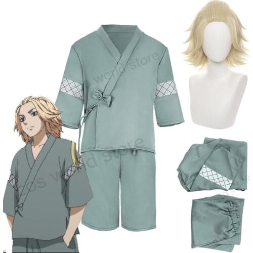 Tokyo Revengers Manjiro Sano Cosplay Costume Mikey Green Kimono Top Shorts Wig Outfit Summer Yukata Cardigan Kawaii Pajamas