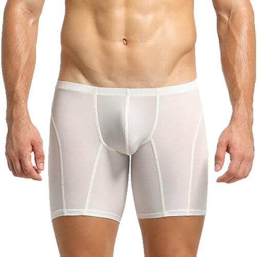 Ice Silk Long Boxer Shorts Men Underwear Sexy Bugle Pouch Slip Hombre Underpants Sports Fitness Quick Dry Swim Boxershorts 2XL