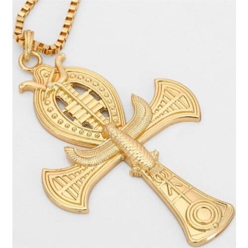Retro Ancient Ankh Cross of Horus Egyptian Jewelry Male Eagle & Snake Design Pendant Necklace Gold-Color Hip Hop Chain Necklace