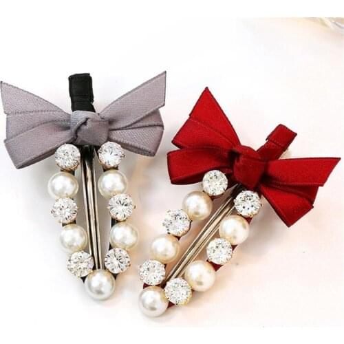 Fashion Handmade Ribbon Bowknot Rhinestone Pearl Hair Clips Girls Women Lady Metal Crystal Hairpins Hair Accessories Barrette