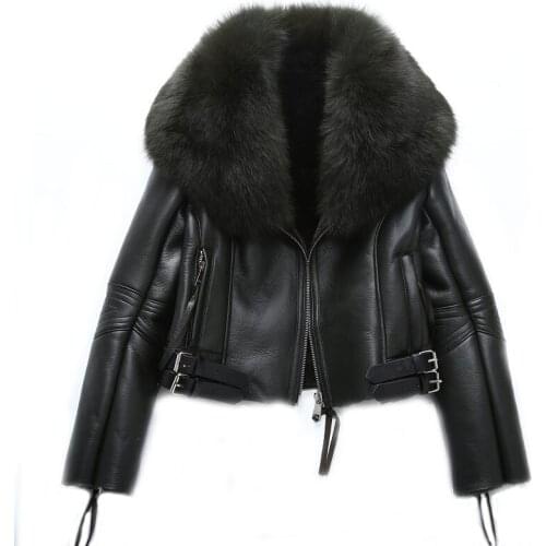 2021 Womans Clothing Short Coat Real Fur Coat Whole Skin Fox Fur Collar Genuine Sheepskin Leather Jacket New Winter Jacket