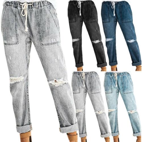 Drawstring Elastic Waist Jeans Trouser Women Casual Ripped Denim Pants