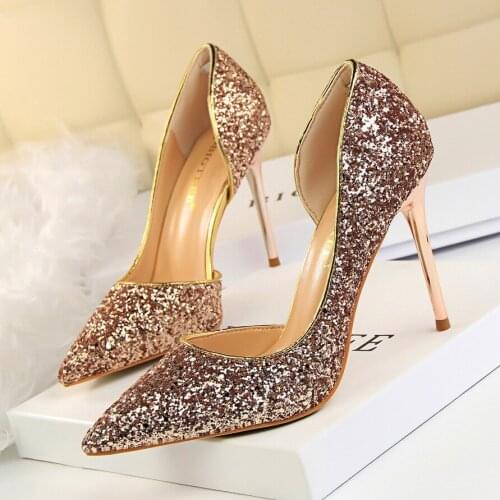 Sexy Nightclub High Thin Heels Women Pumps Pointed Toe Metal Decoration Bling Bridal Wedding Women Shoes Gold High Heels