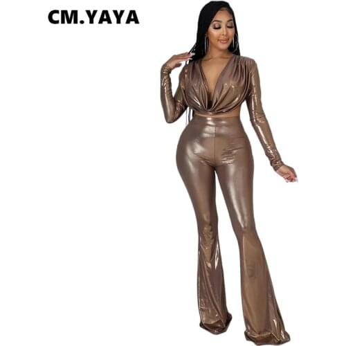 CM.YAYA Women Pants Set Solid Gilding Crop Tops + Flare Pants Two 2 Piece Sets Fashion Streetwear Elegant Outfits Autumn 2021