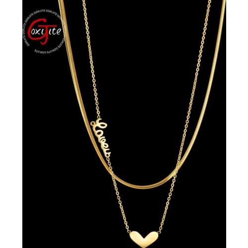 Goxijite 2021 Double Layer Necklace For Women Stainless Steel "Love" Letters And Heart Charming Necklaces Party Jewelry Gift