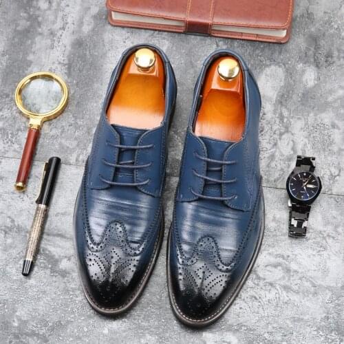 2019 Luxury Designer Formal Men Dress Shoes Genuine Leather Classic Brogue Shoes Flats Oxfords For Wedding Office Business F1-37