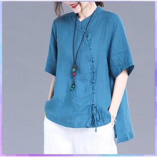 2XL Plus Size Solid T-shirt Summer Cotton And Linen Top Women Retro Stand-up Tee Shirt Collar Ramie Short-sleeved Loose Tshirt