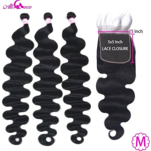 Ali Coco 3 Bundles With 5X5 Lace Closure Brazilian Body Wave With Lace Closure 8-40 Inch Human Hair Bundles Remy Hair Extensions