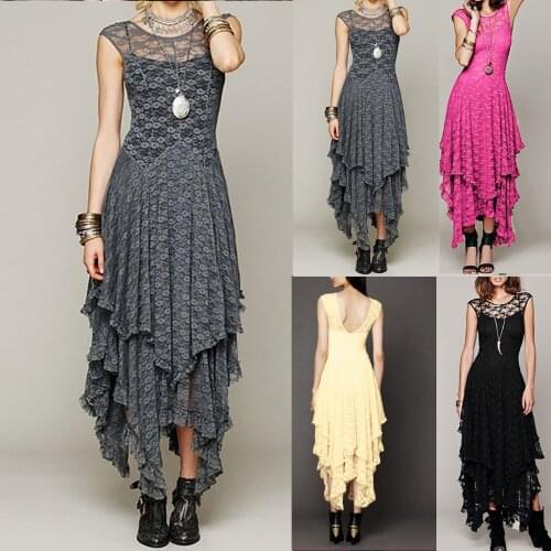 @ Women Elegant Party Long Dress Lace Sexy Long Double Layered Ruffled Trimming Low V-back Dresses Plus Size Vintage Dress