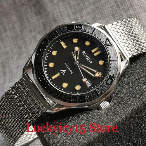 BLIGER Dress NH35A Yellow Marks 41mm Mechancial Men Watch Mesh Steel Bracelet Date Calendar Flat Sapphire Crystal